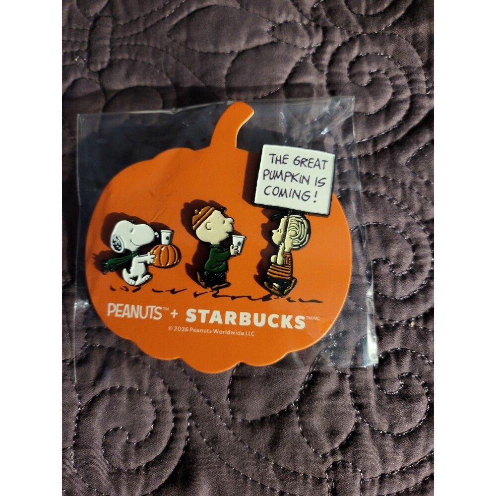 Starbucks x Peanuts Snoopy The Great Pumpkin 3 Piece Pin Set in hand from US